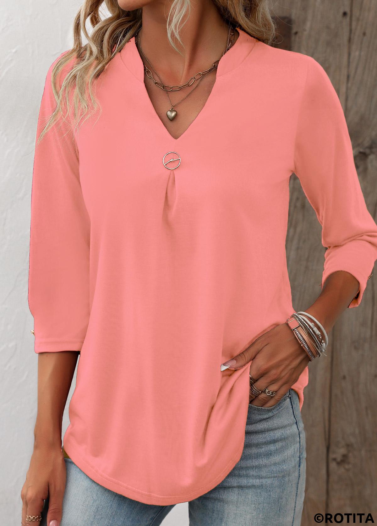 Rotita Kreisring rosa T-Shirt mit geschlitztem Halsausschnitt
