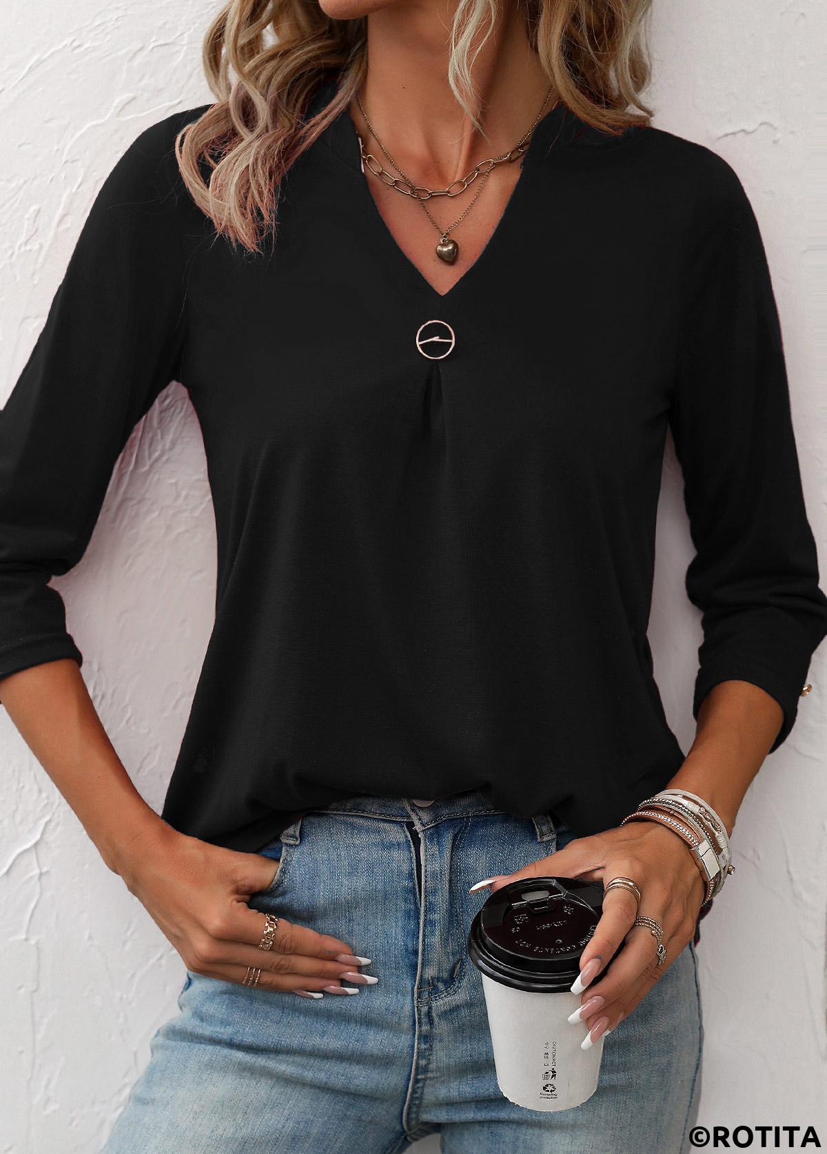 ROTITA Plain Color Split Black 3/4 Sleeve T Shirt