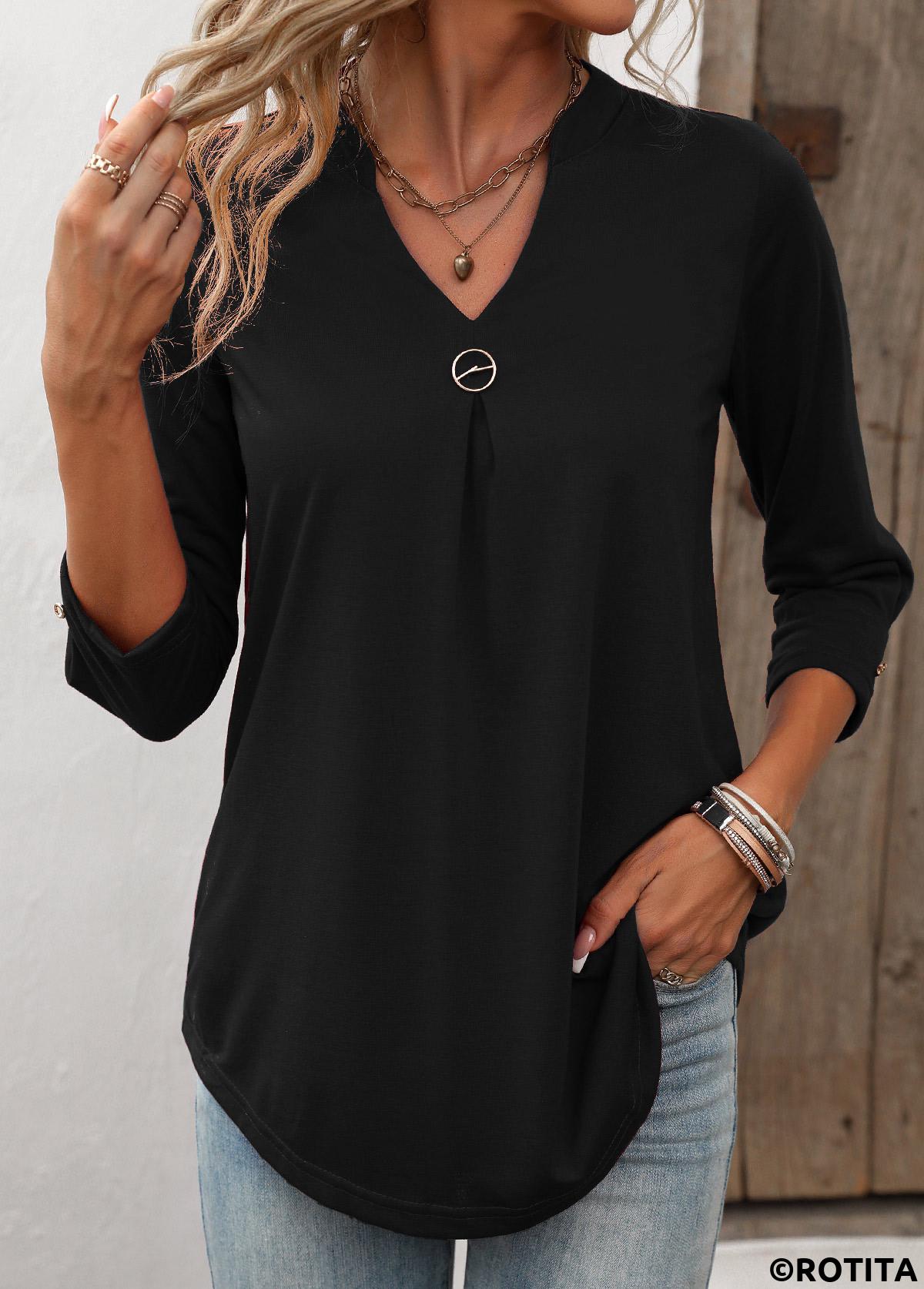 ROTITA Plain Color Split Black 3/4 Sleeve T Shirt