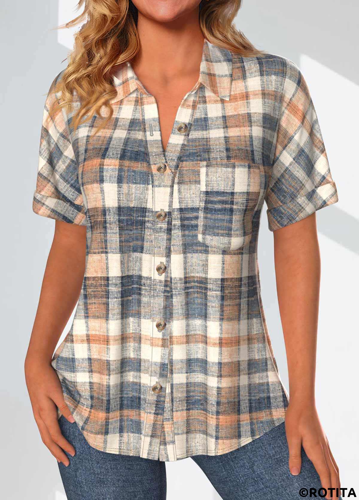 Multi Color tops,Plaid tops,Geometric tops,Striped tops,ROTITA Button Plaid Multi Color Shirt Collar Blouse