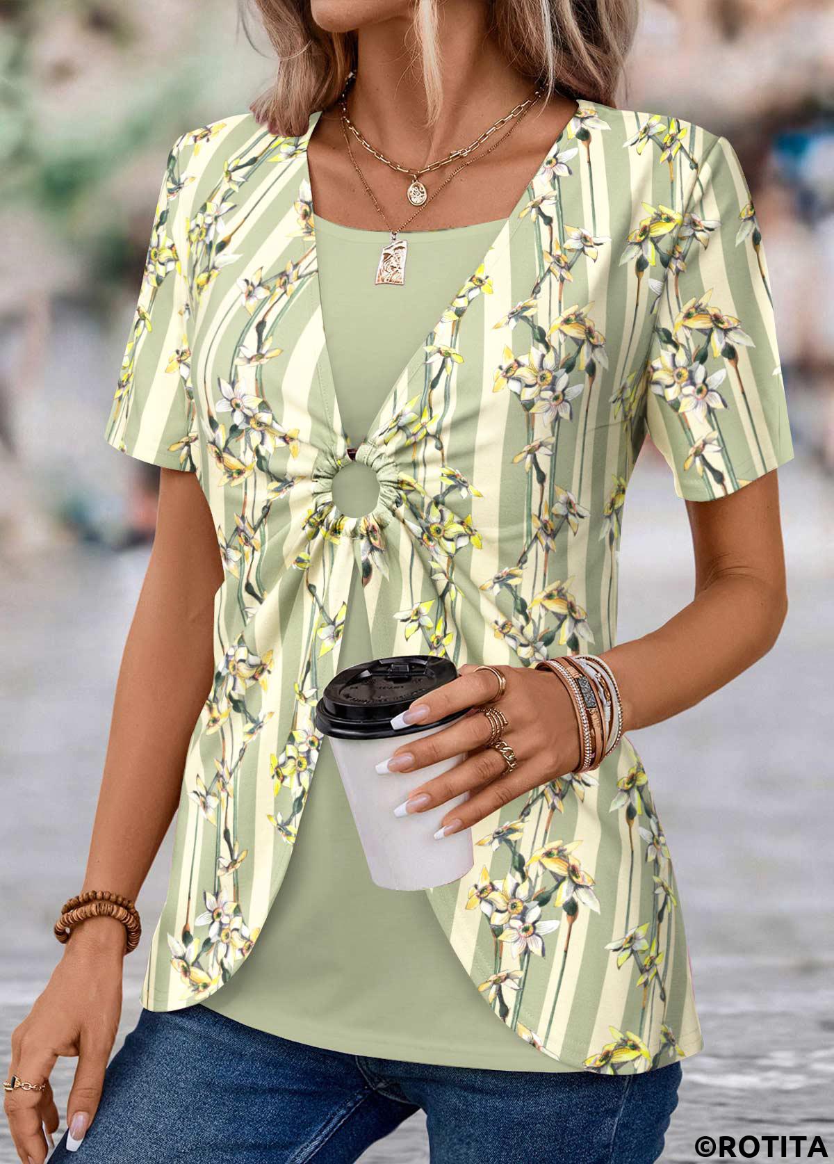 Light Green tops,Floral tops,Plants tops,ROTITA Patchwork Floral Print Light Green T Shirt