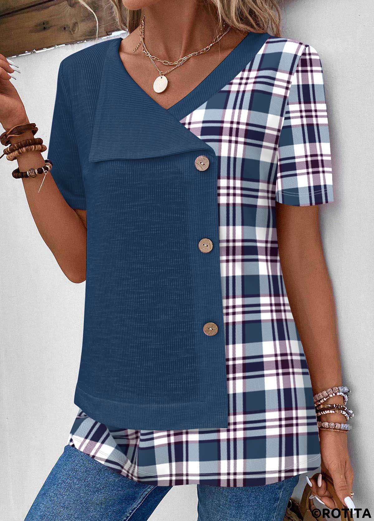 Blue plus size,Plaid plus size,Geometric plus size,Striped plus size,ROTITA Plus Size Patchwork Blue Plaid T Shirt