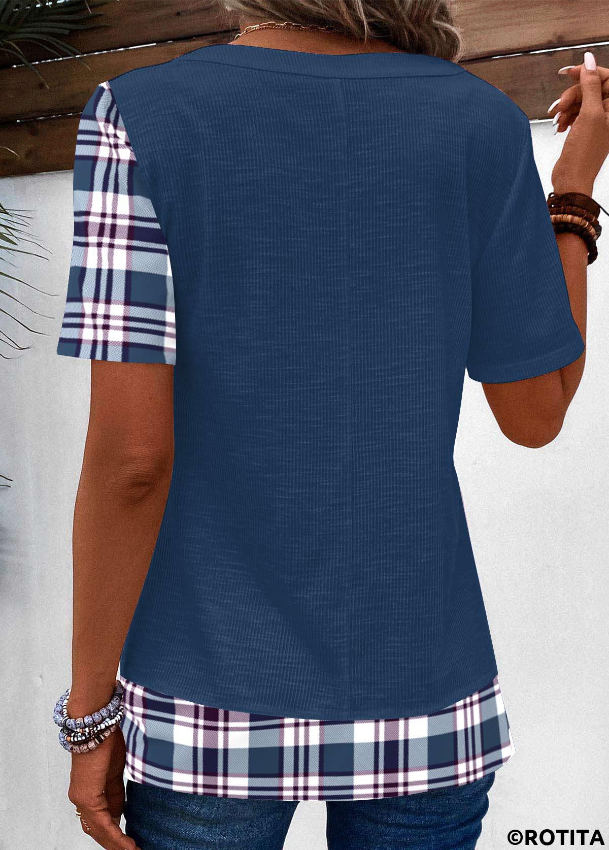 Blue plus size,Plaid plus size,Geometric plus size,Striped plus size,ROTITA Plus Size Patchwork Blue Plaid T Shirt