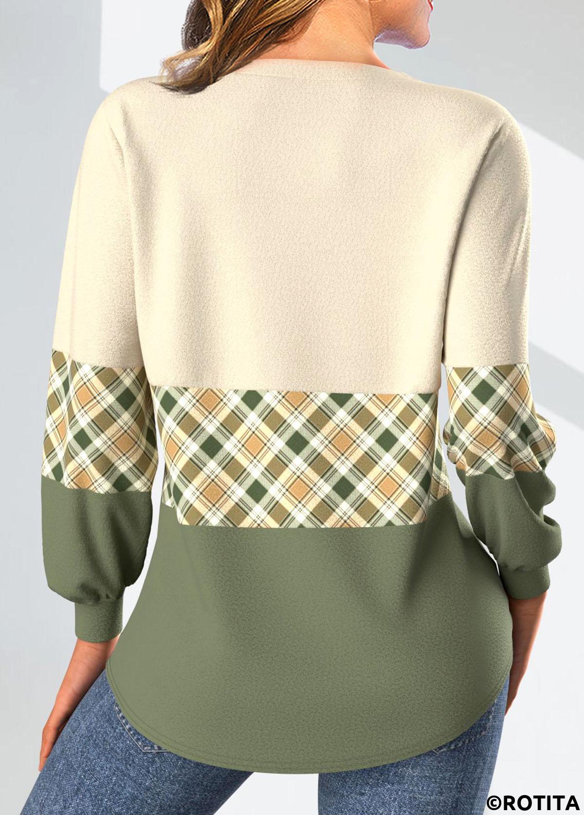 Light Yellow tops,Green tops,Plaid tops,Geometric tops,Striped tops,ROTITA Patchwork Plaid Light Yellow V Neck Long Sleeve Sweatshirt