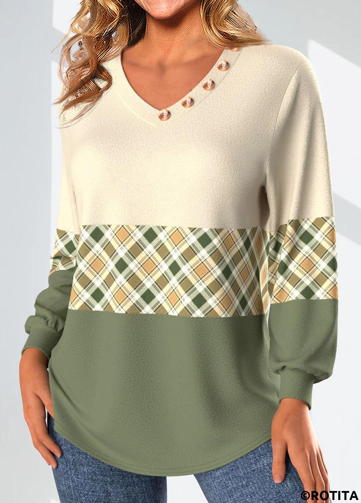 Light Yellow tops,Green tops,Plaid tops,Geometric tops,Striped tops,ROTITA Patchwork Plaid Light Yellow V Neck Long Sleeve Sweatshirt