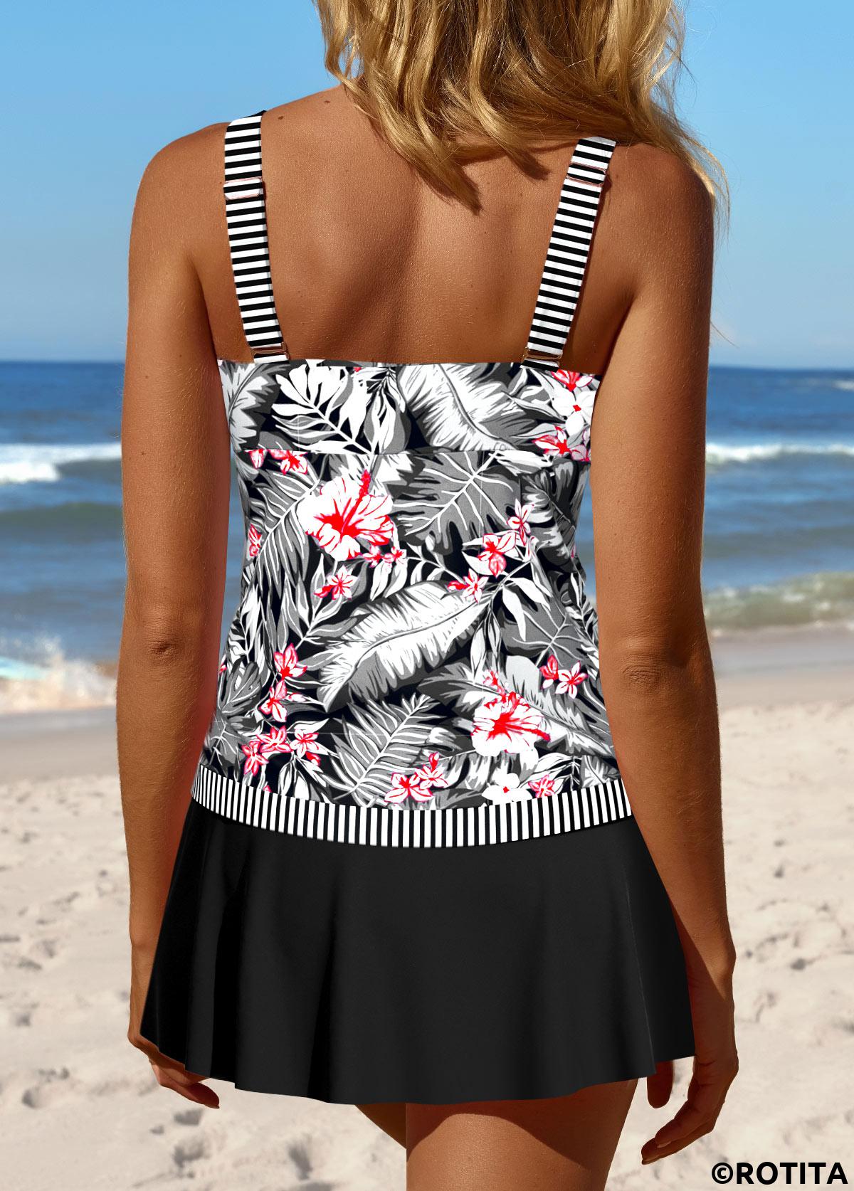 Black swimwear,Plants swimwear,Floral swimwear,Striped swimwear,ROTITA Patchwork Black Tropical Plants Print Tankini Set