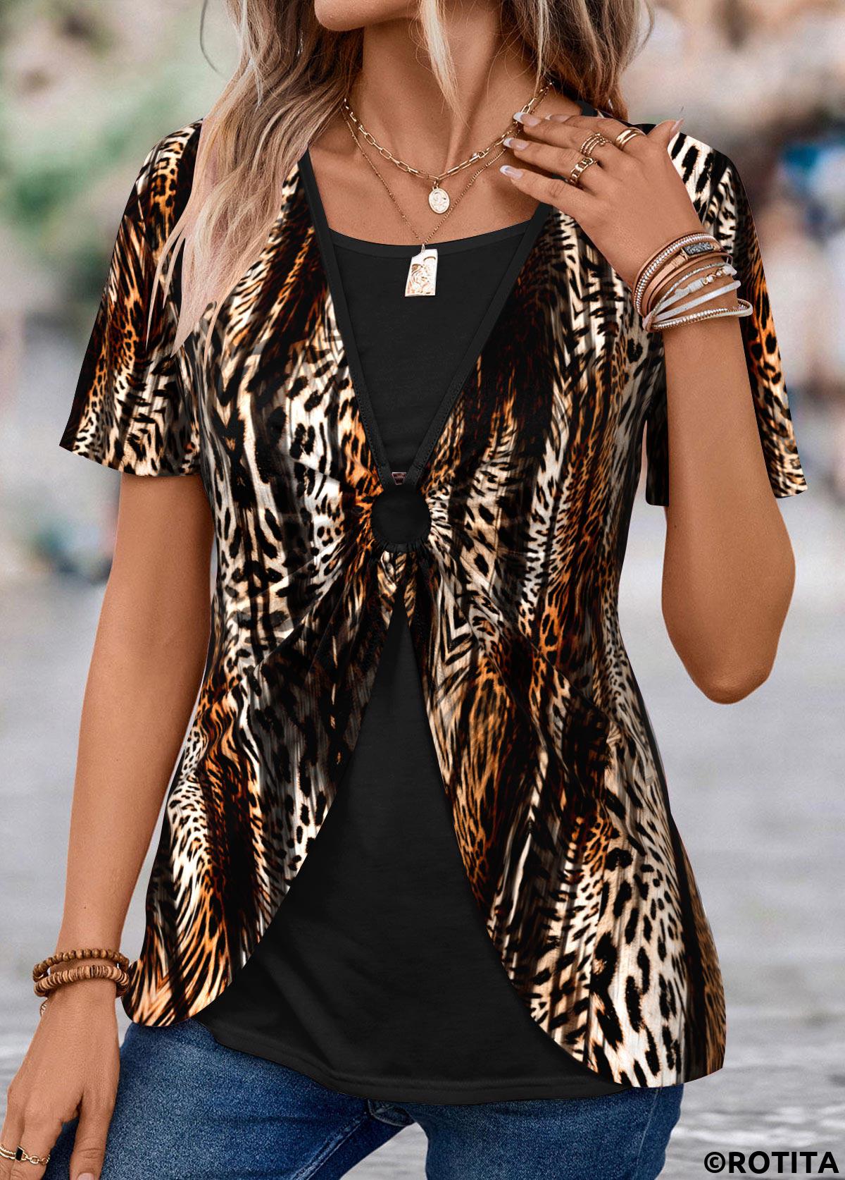 ROTITA Fake 2in1 Leopard Dark Coffee T Shirt