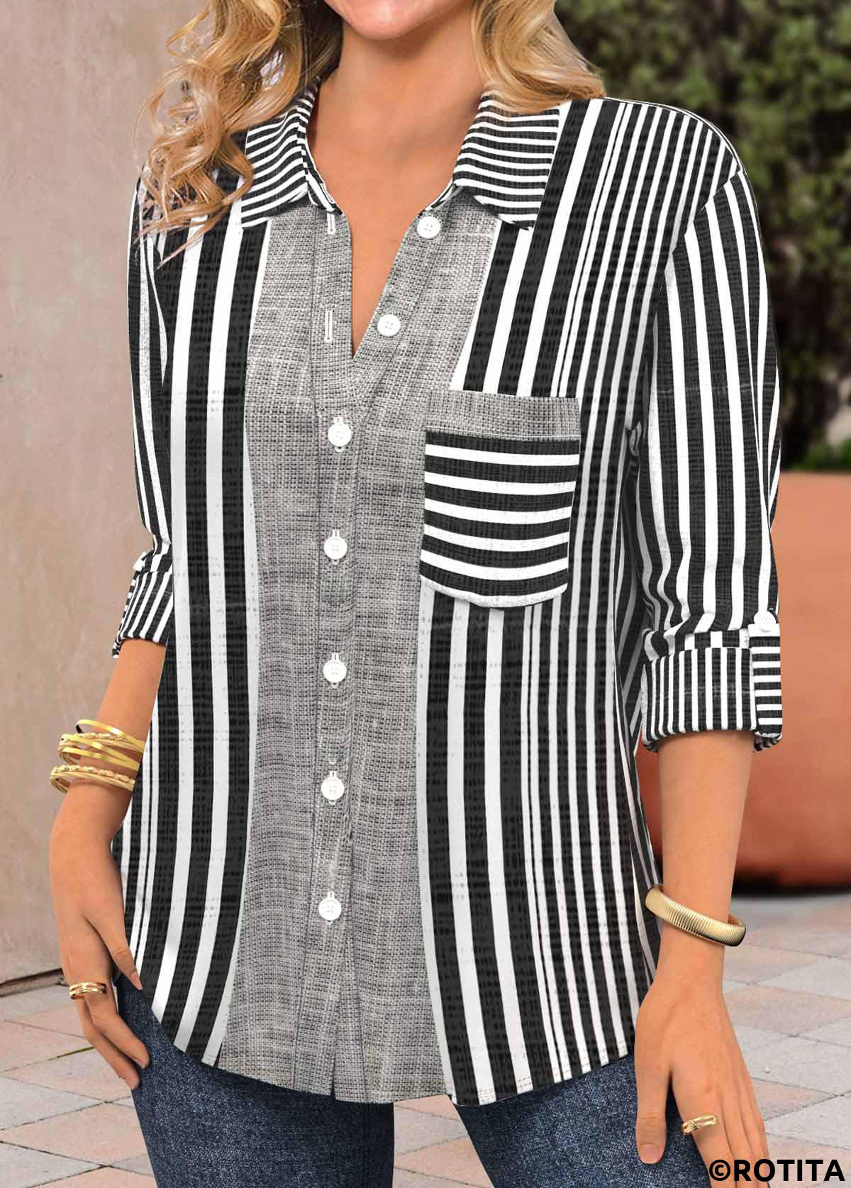 Black tops,Striped tops,ROTITA Patchwork Striped Black Shirt Collar Long Sleeve Blouse