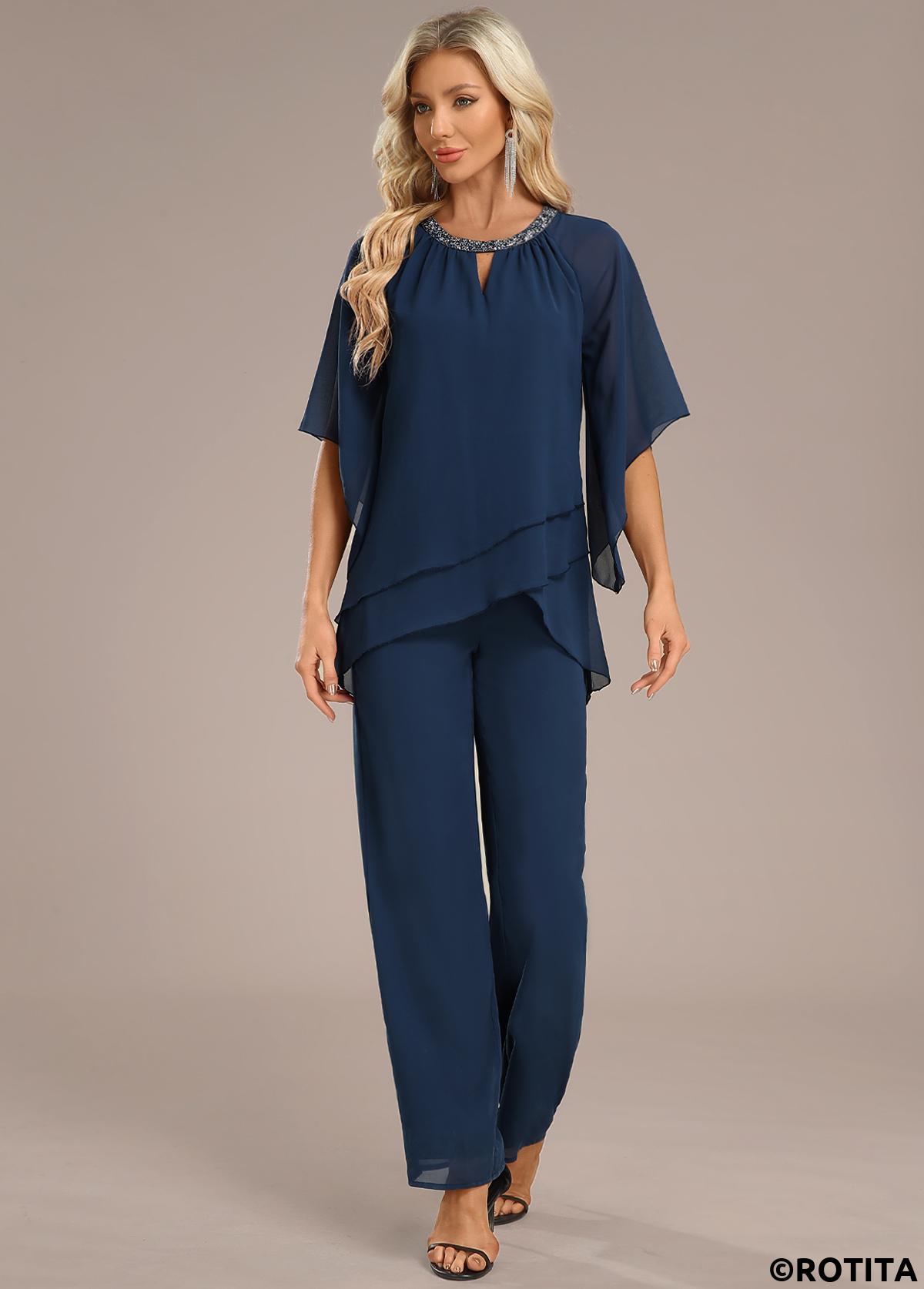 ROTITA Layered Navy Long Round Neck Jumpsuit