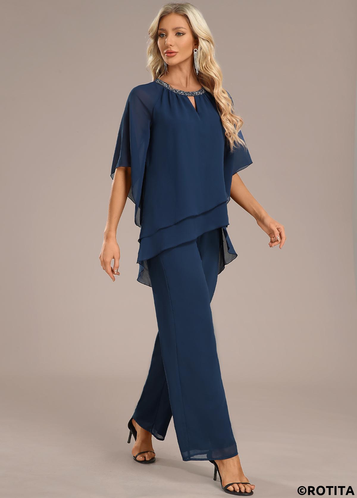 ROTITA Layered Navy Long Round Neck Jumpsuit