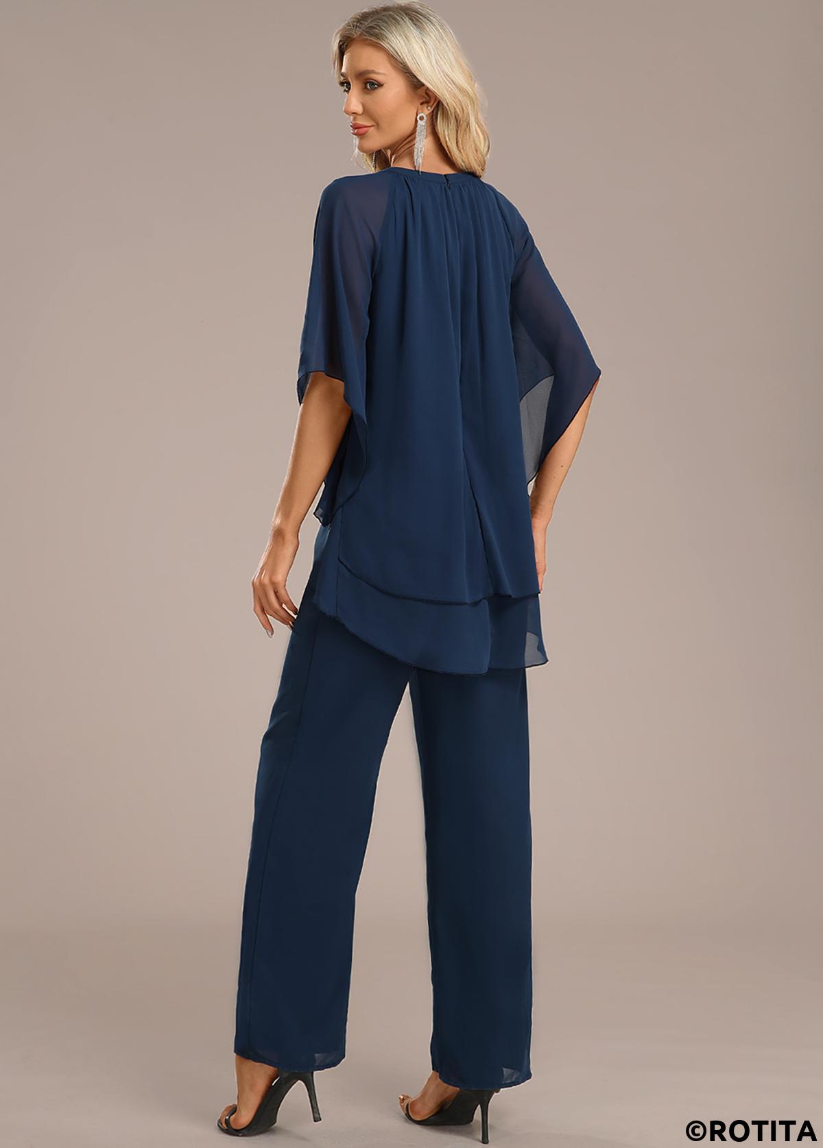 ROTITA Layered Navy Long Round Neck Jumpsuit