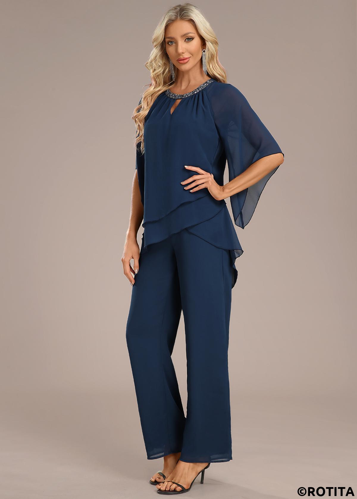 Navy jumpsuits&rompers,Plain Color jumpsuits&rompers,ROTITA Layered Navy Long Round Neck Jumpsuit