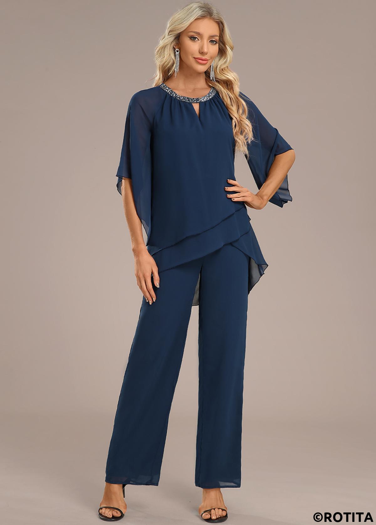 Navy jumpsuits&rompers,Plain Color jumpsuits&rompers,ROTITA Layered Navy Long Round Neck Jumpsuit
