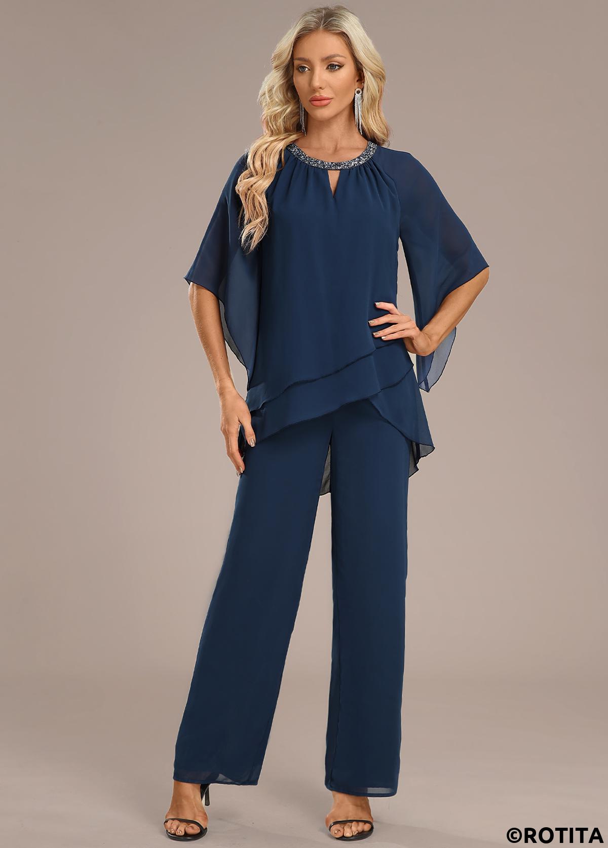 Navy jumpsuits&rompers,Plain Color jumpsuits&rompers,ROTITA Layered Navy Long Round Neck Jumpsuit