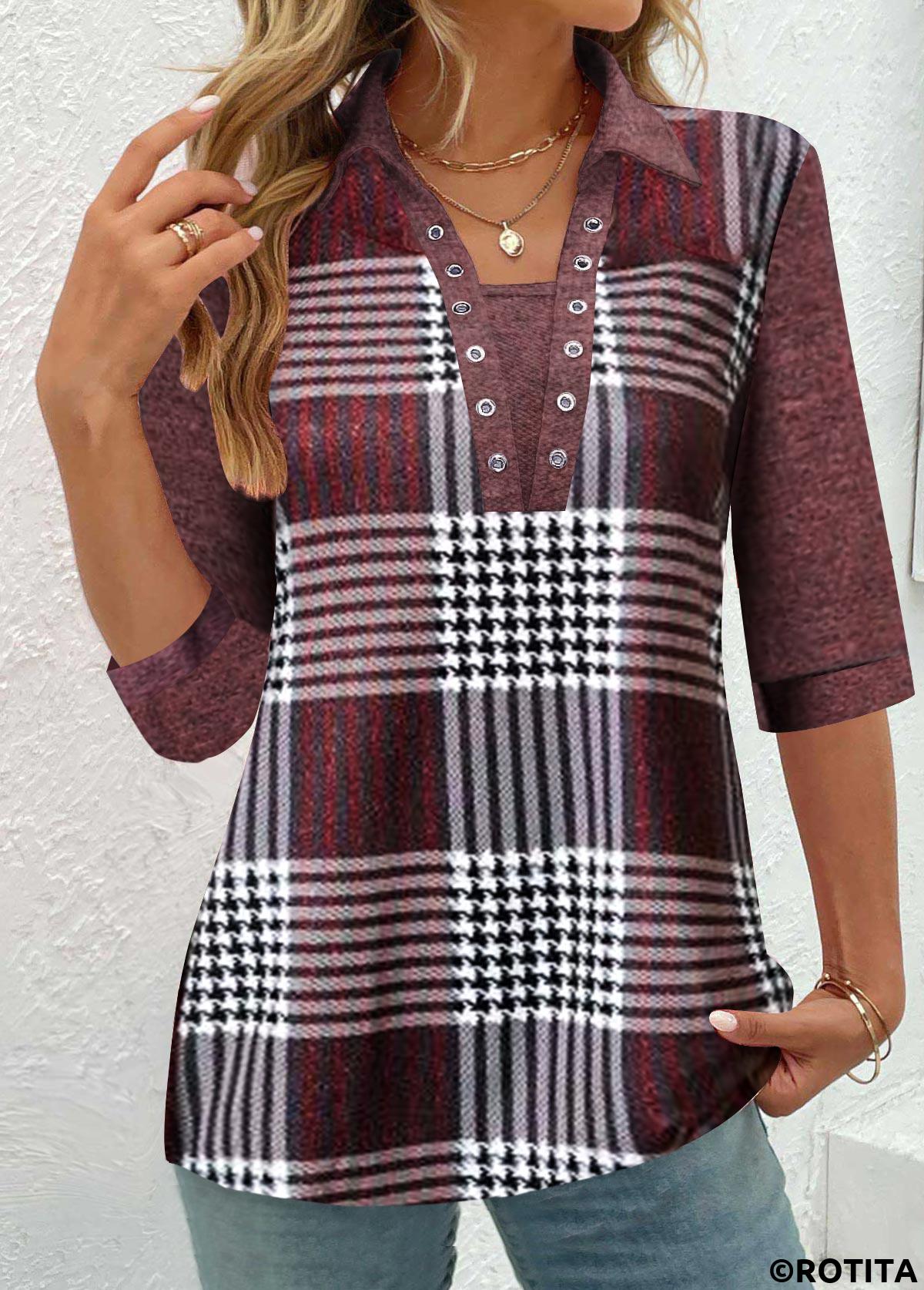 Deep Red tops,Plaid tops,Striped tops,Geometric tops,Houndstooth tops,ROTITA Eyelet Plaid Deep Red Shirt Collar Blouse