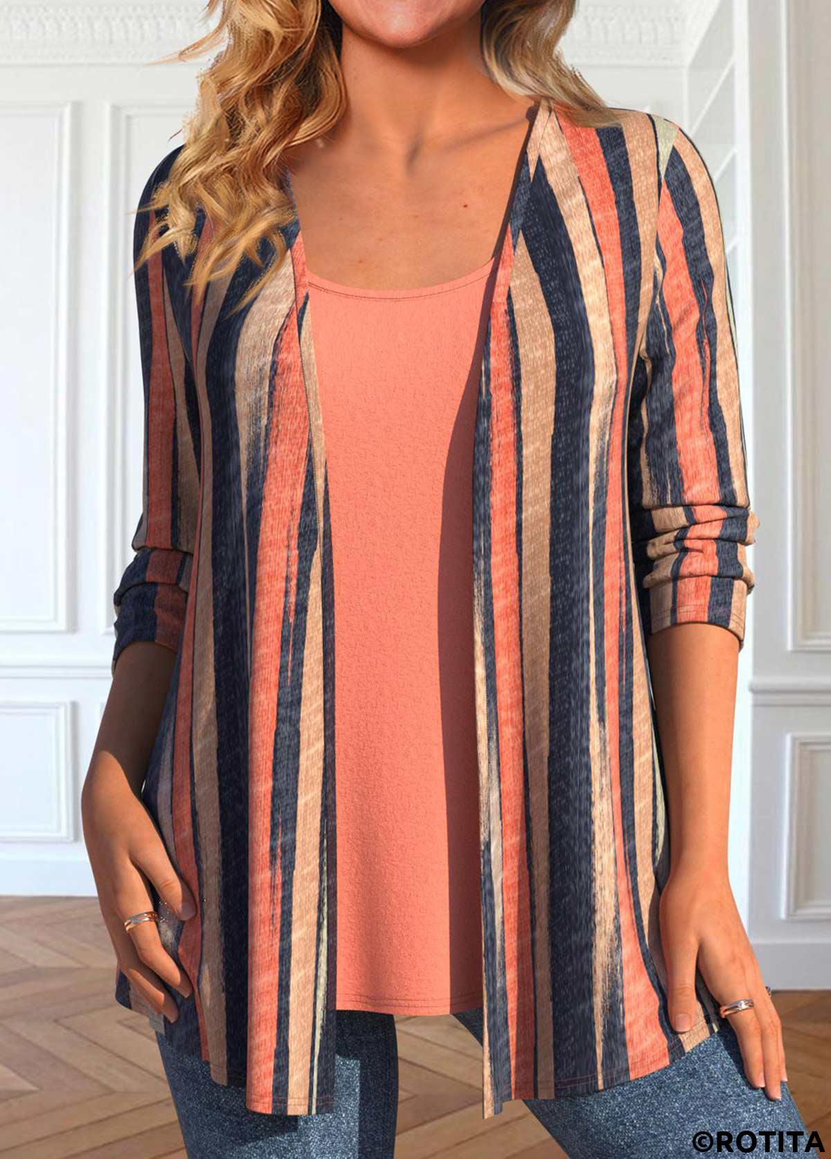 Brick Red plus size,Geometric plus size,Striped plus size,ROTITA Plus Size Brick Red Cardigan and Tank Top