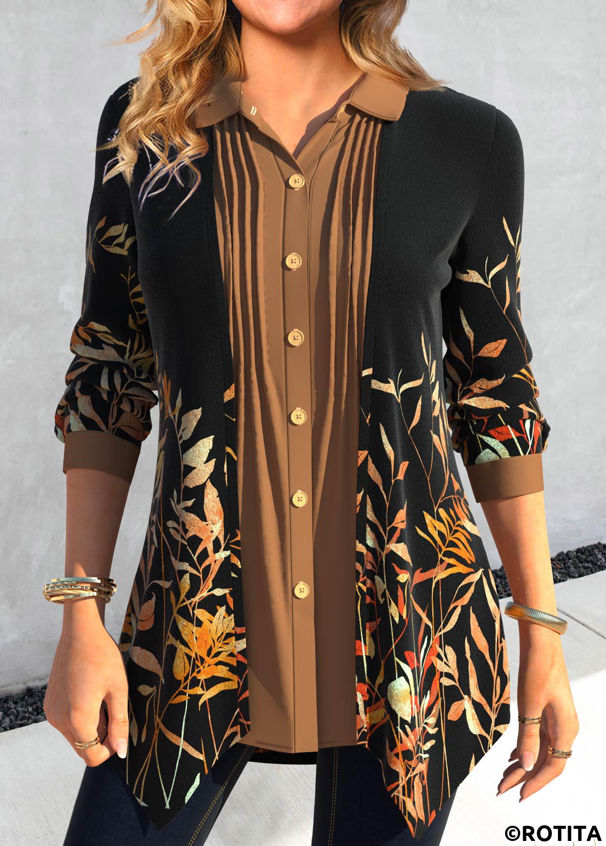 Black plus size,Dark Coffee plus size,Plants plus size,ROTITA Plus Size Fake 2in1 Black Leaf Print Blouse