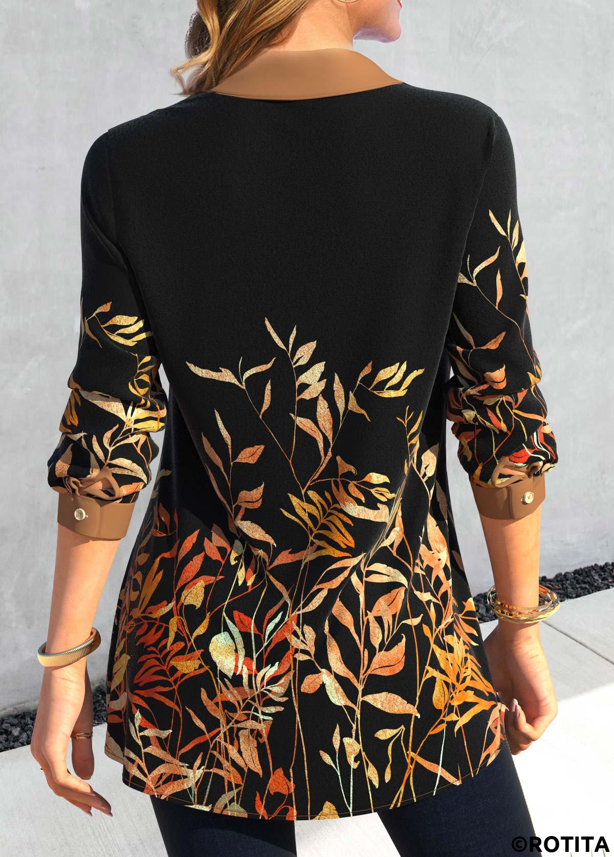Black plus size,Dark Coffee plus size,Plants plus size,ROTITA Plus Size Fake 2in1 Black Leaf Print Blouse