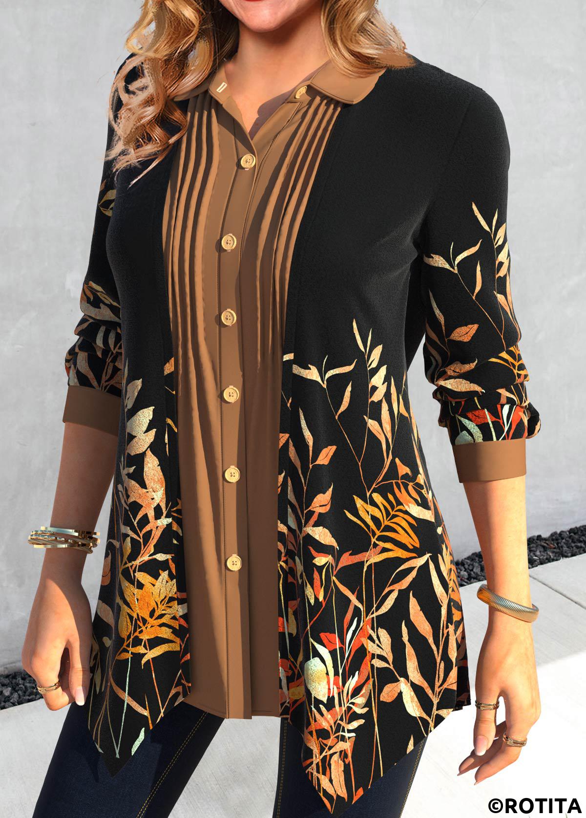 Black plus size,Dark Coffee plus size,Plants plus size,ROTITA Plus Size Fake 2in1 Black Leaf Print Blouse