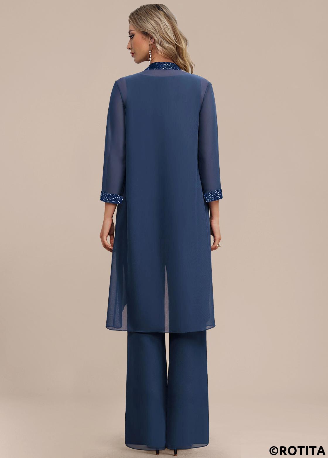 Navy jumpsuits&rompers,Plain Color jumpsuits&rompers,ROTITA Patchwork Navy Long Round Neck Sleeveless Jumpsuit and Cardigan