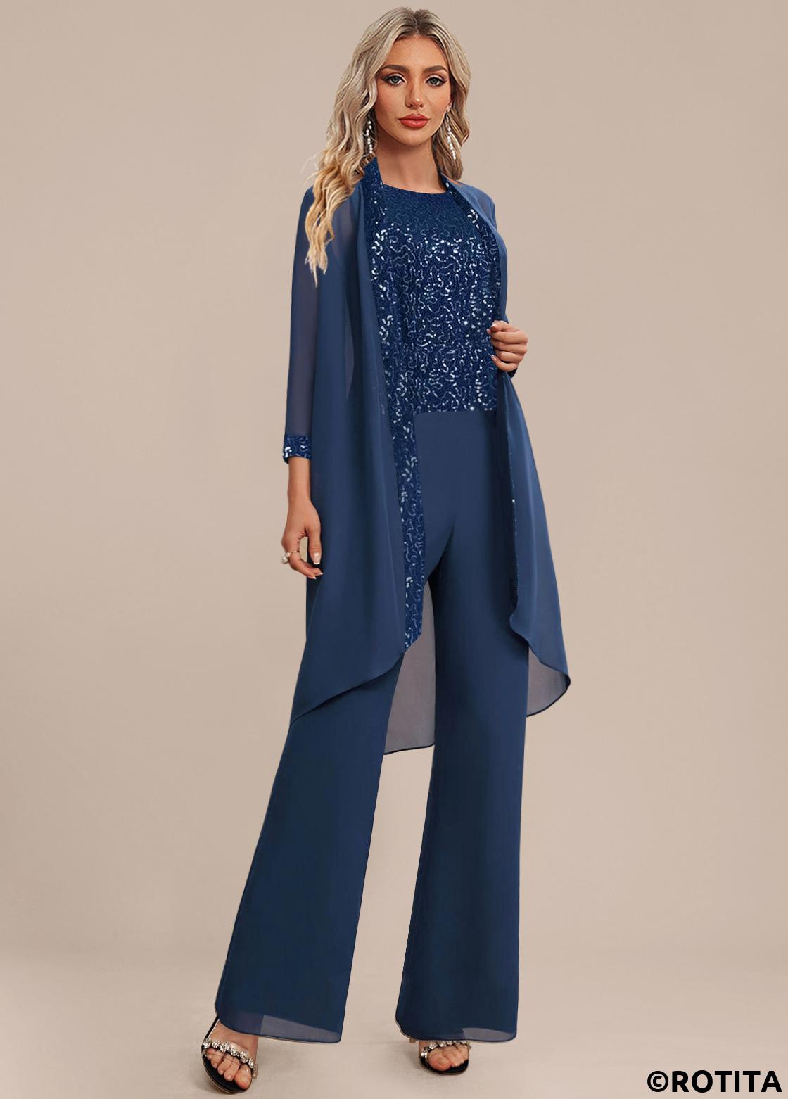 Navy jumpsuits&rompers,Plain Color jumpsuits&rompers,ROTITA Patchwork Navy Long Round Neck Sleeveless Jumpsuit and Cardigan