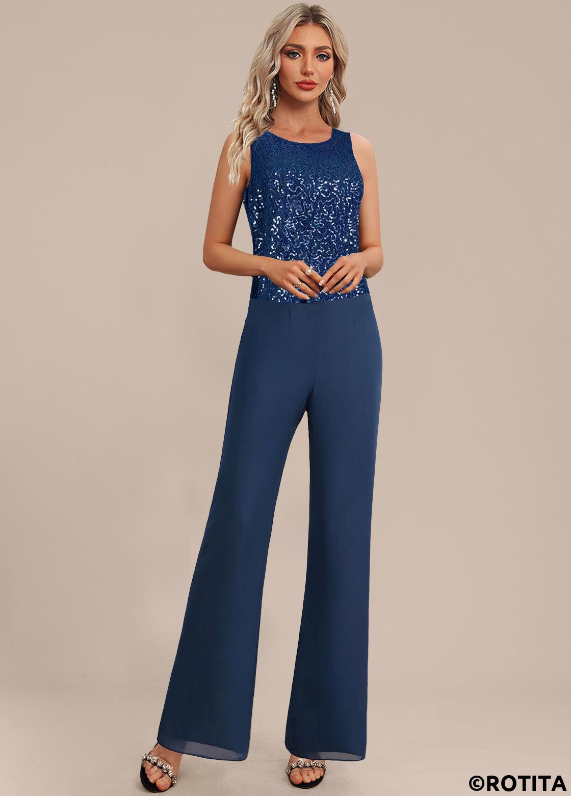 Navy jumpsuits&rompers,Plain Color jumpsuits&rompers,ROTITA Patchwork Navy Long Round Neck Sleeveless Jumpsuit and Cardigan
