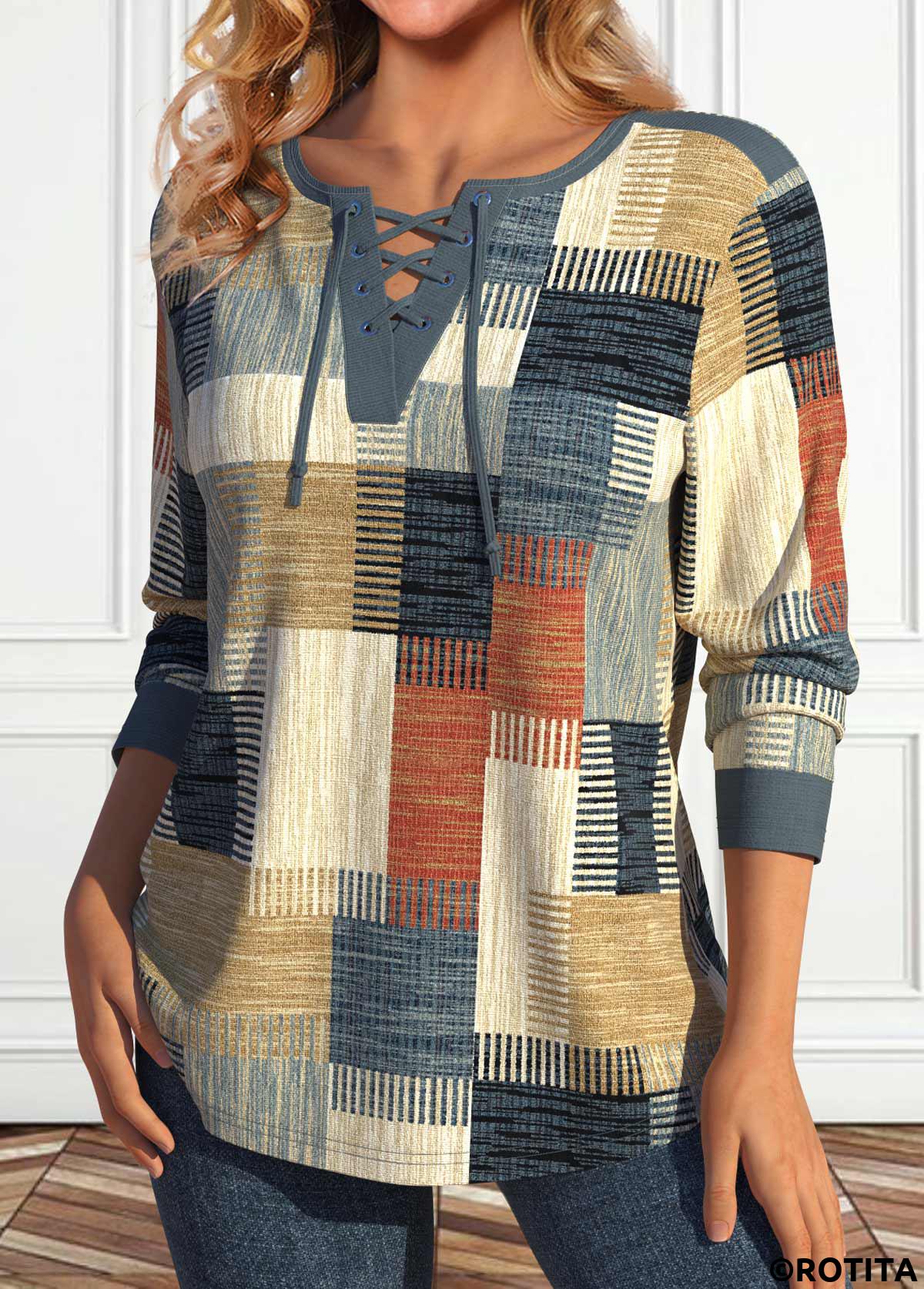 Multi Color plus size,Geometric plus size,Striped plus size,Plaid plus size,ROTITA Plus Size Lace Up Multi Color T Shirt