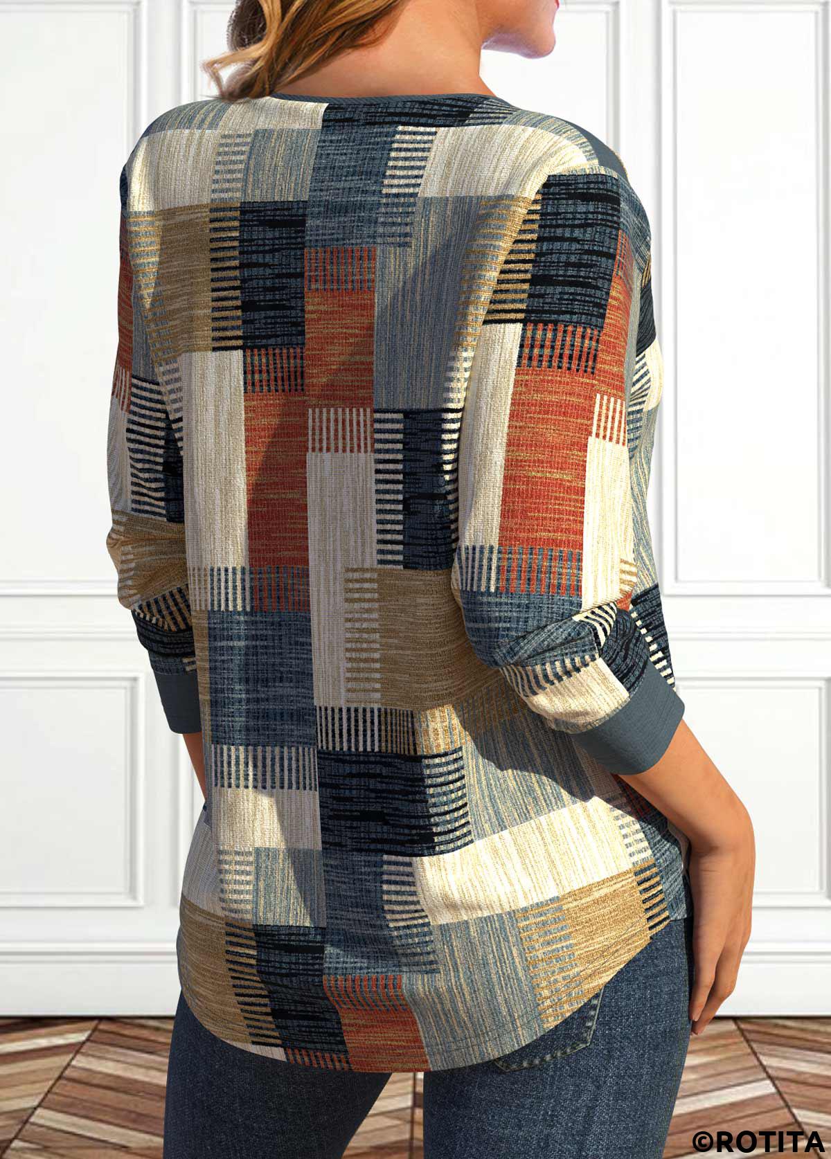 Multi Color plus size,Geometric plus size,Striped plus size,Plaid plus size,ROTITA Plus Size Lace Up Multi Color T Shirt