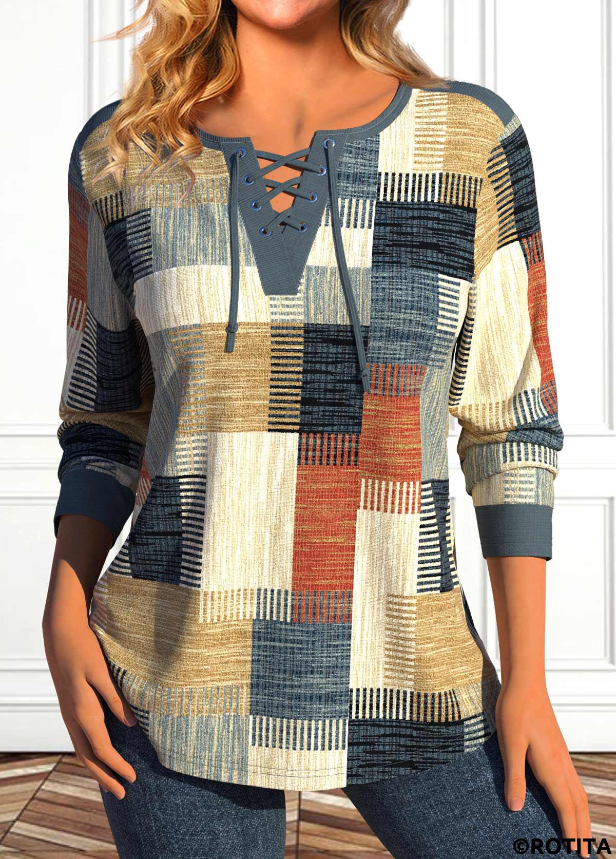 Multi Color plus size,Geometric plus size,Striped plus size,Plaid plus size,ROTITA Plus Size Lace Up Multi Color T Shirt