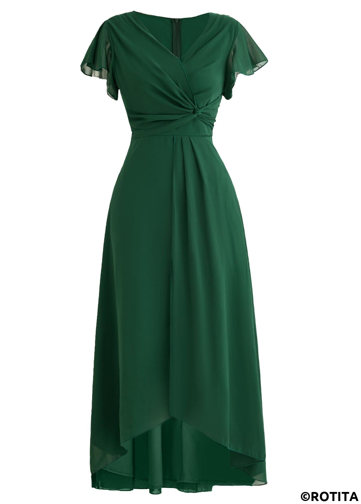 Blackish Green dresses,Plain Color dresses,Party dresses,Elegant dresses,ROTITA Twist Blackish Green High Low V Neck Dress