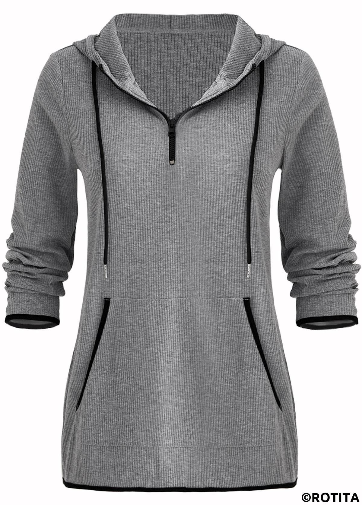 Grey tops,Plain Color tops,ROTITA Zipper Pocket Grey Long Sleeve Hoodie