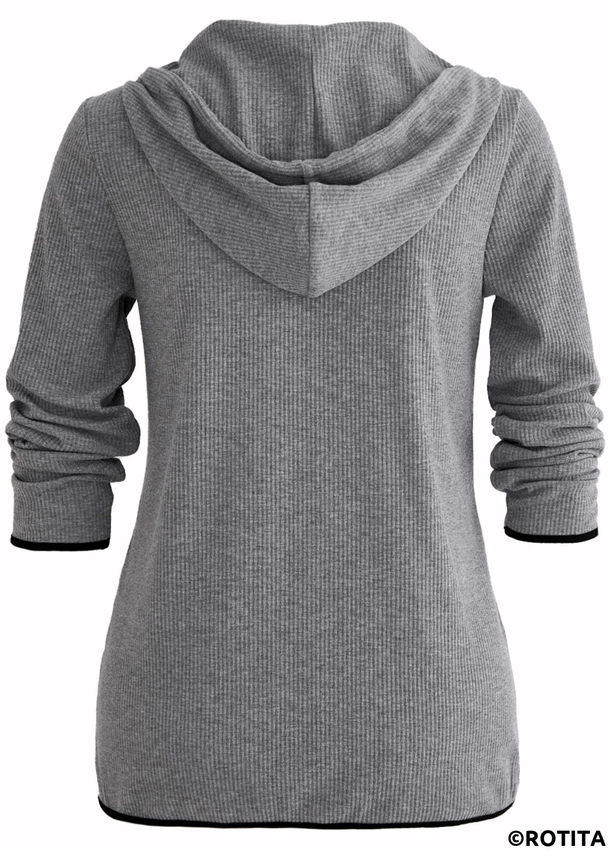 Grey tops,Plain Color tops,ROTITA Zipper Pocket Grey Long Sleeve Hoodie