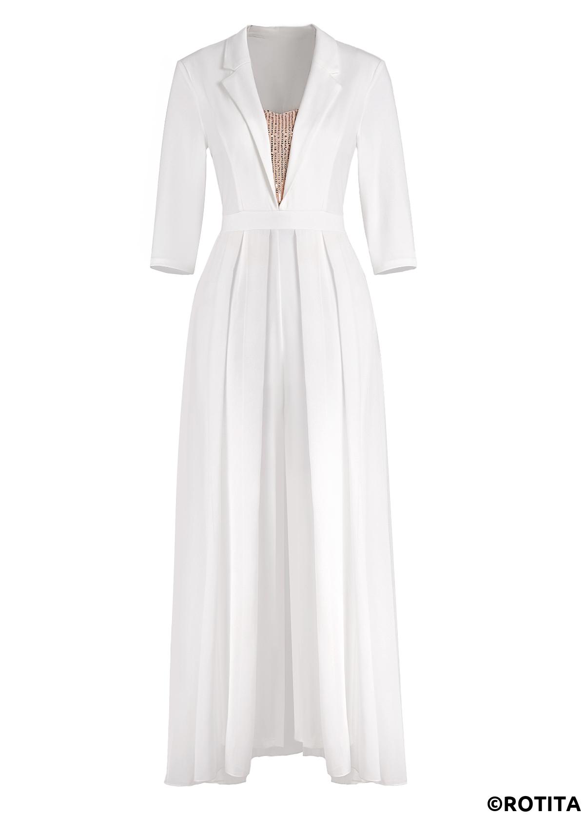 White jumpsuits&rompers,Plain Color jumpsuits&rompers,ROTITA Sequin White Ankle Length Regular Lapel Jumpsuit