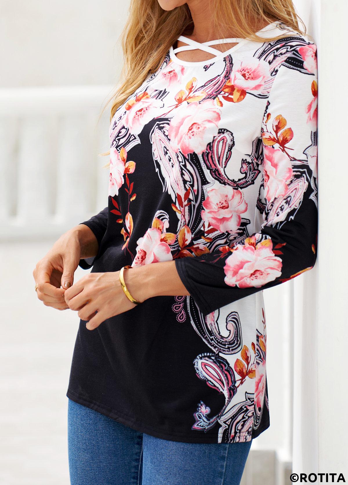 ROTITA Criss Cross Floral Print Black T Shirt