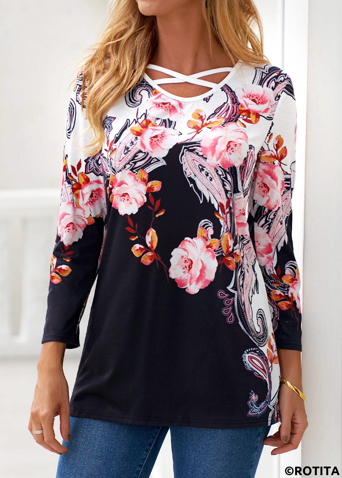 ROTITA Criss Cross Floral Print Black T Shirt