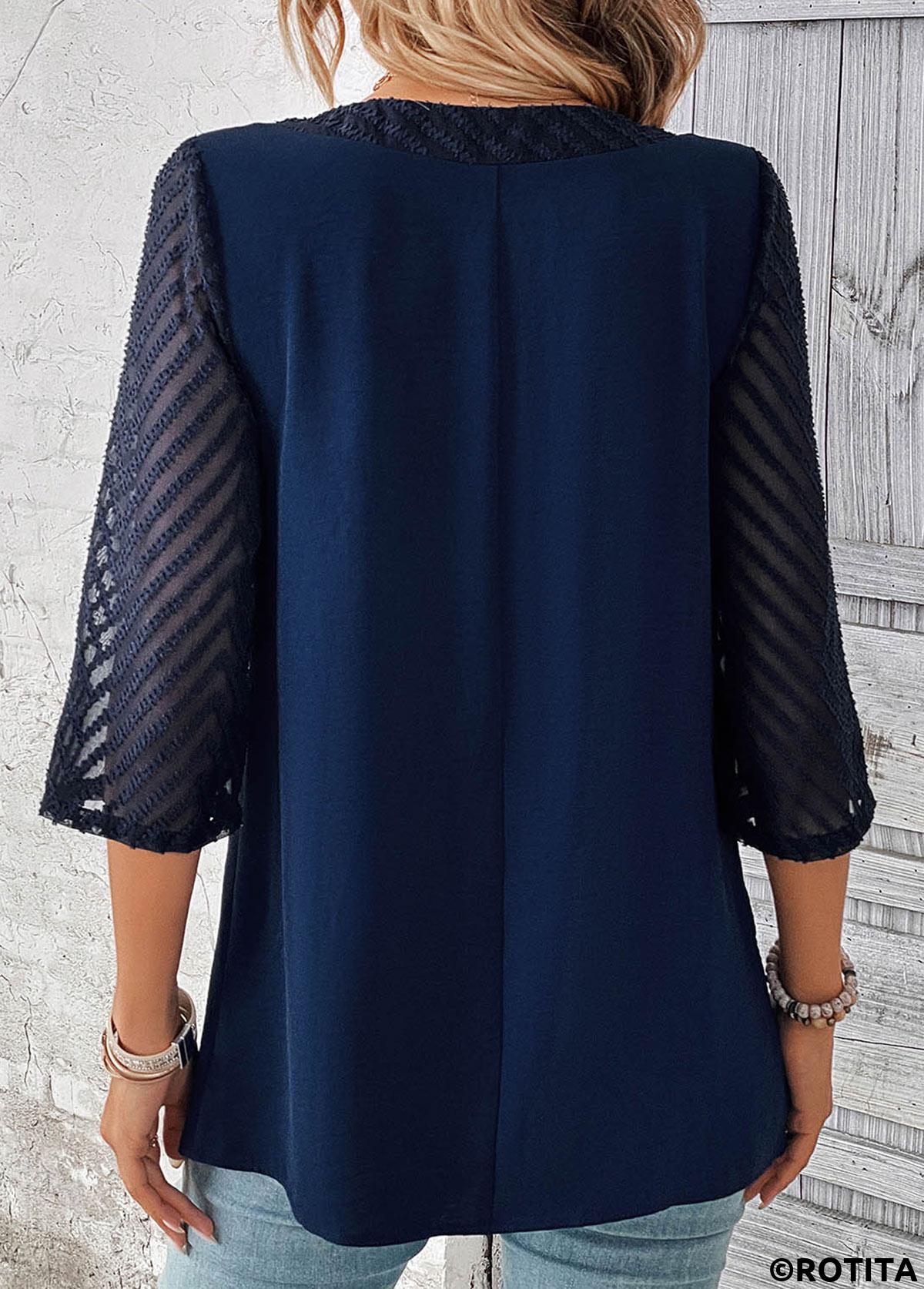 ROTITA Patchwork Navy V Neck Lace Blouse