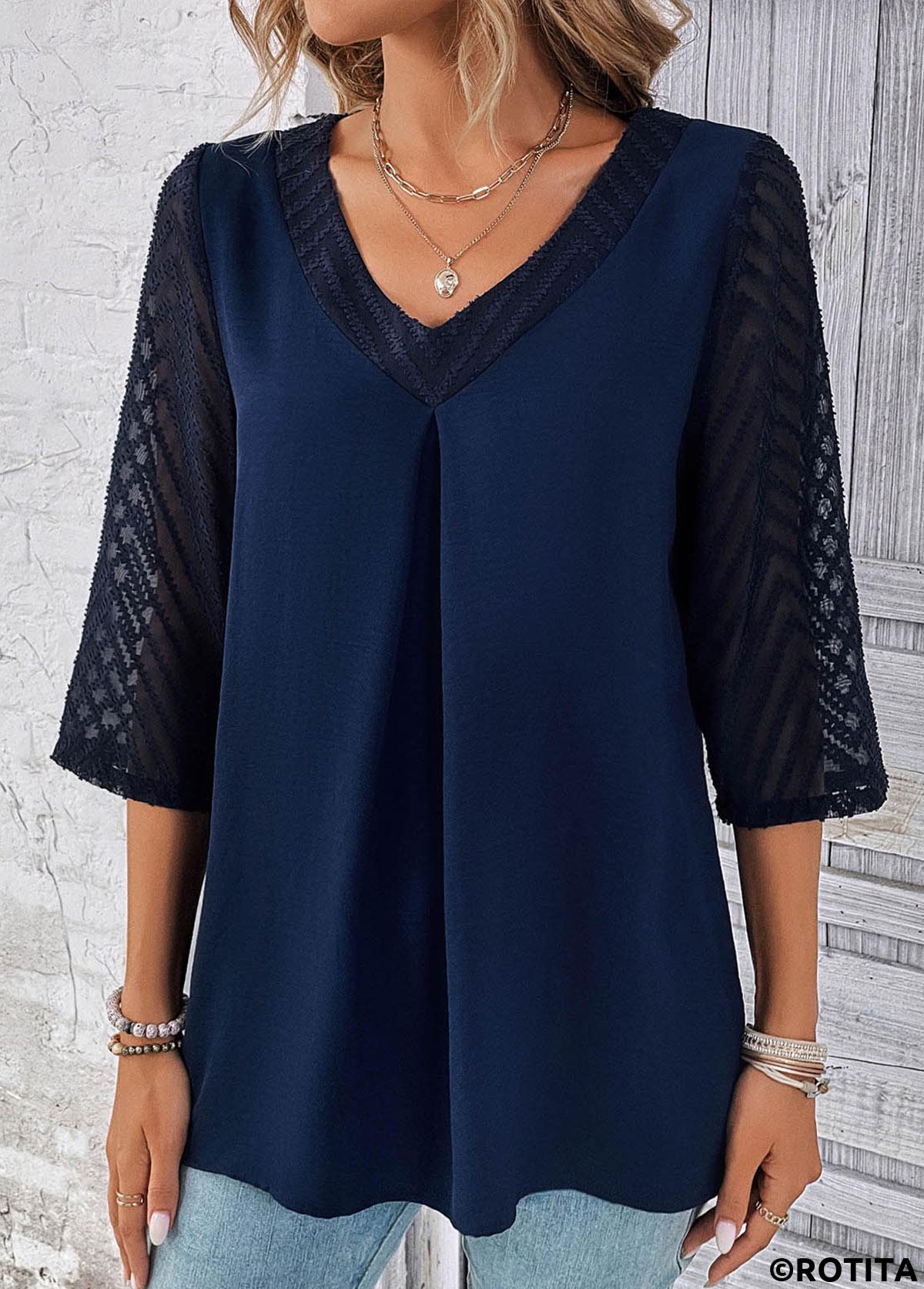 ROTITA Patchwork Navy V Neck Lace Blouse