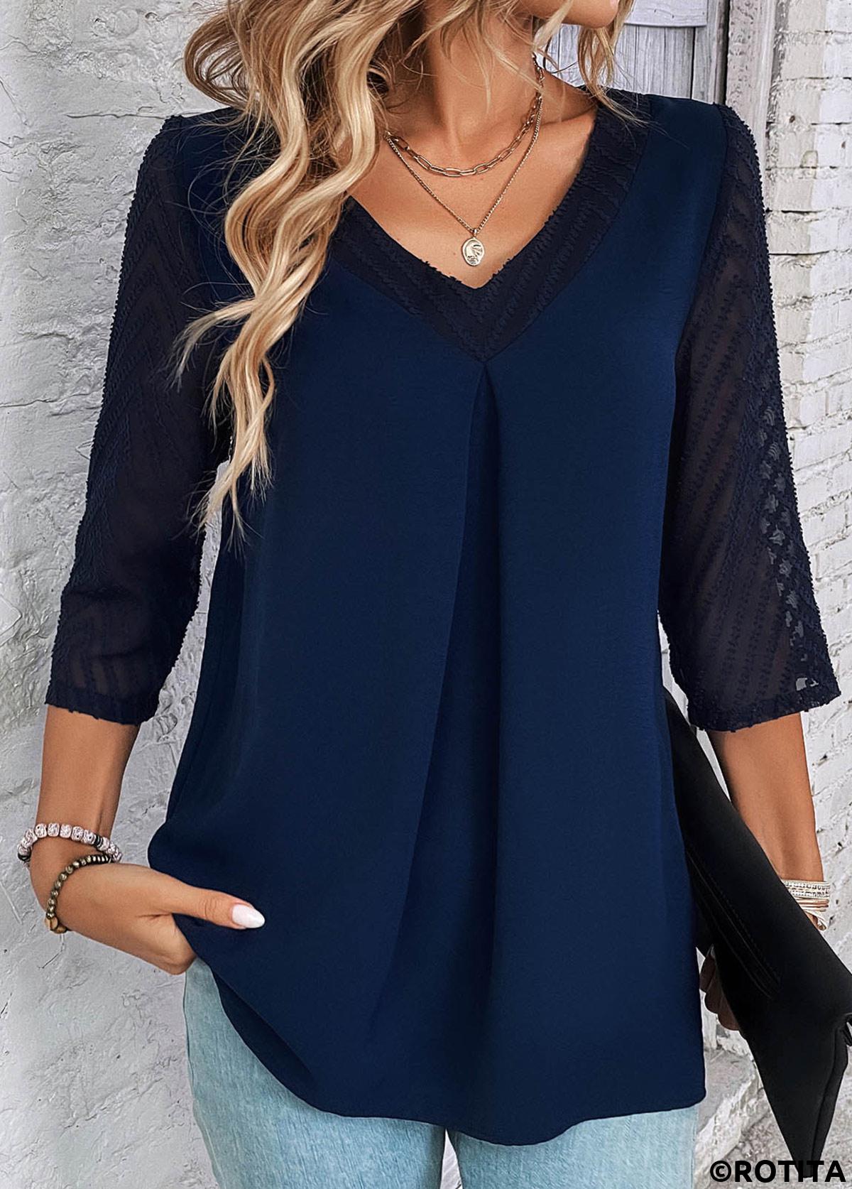 ROTITA Patchwork Navy V Neck Lace Blouse