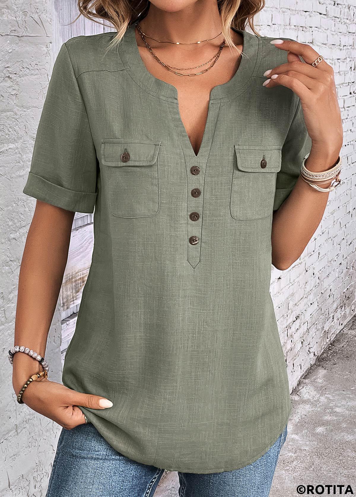 Sage Green tops,Plain Color tops,ROTITA Button Sage Green Split Neck Short Sleeve Blouse