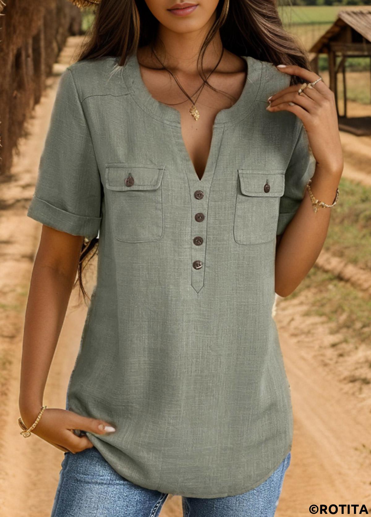 Sage Green tops,Plain Color tops,ROTITA Button Sage Green Split Neck Short Sleeve Blouse