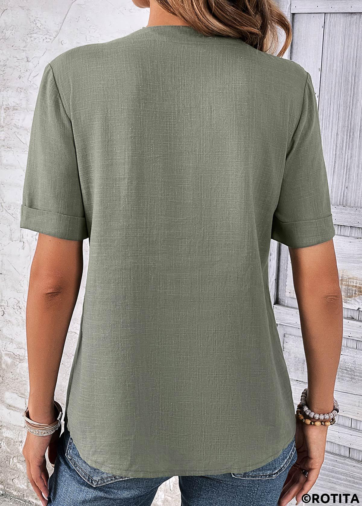 Sage Green tops,Plain Color tops,ROTITA Button Sage Green Split Neck Short Sleeve Blouse