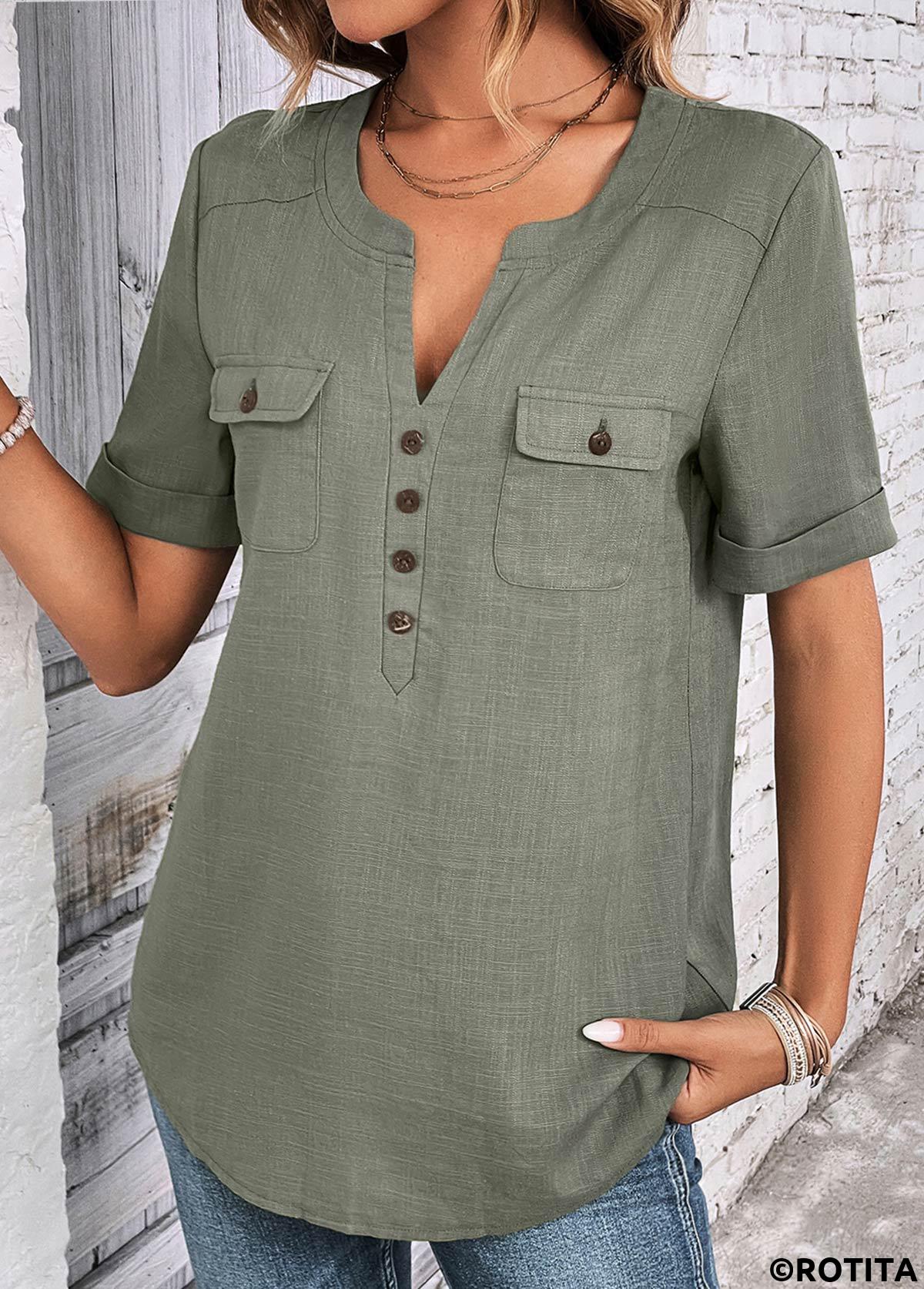 Sage Green tops,Plain Color tops,ROTITA Button Sage Green Split Neck Short Sleeve Blouse