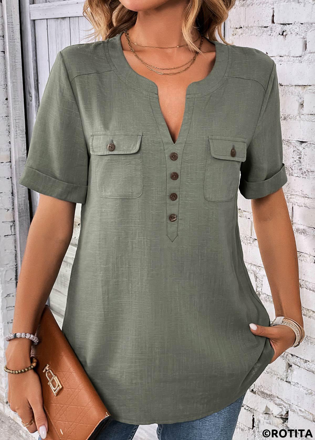 Sage Green tops,Plain Color tops,ROTITA Button Sage Green Split Neck Short Sleeve Blouse