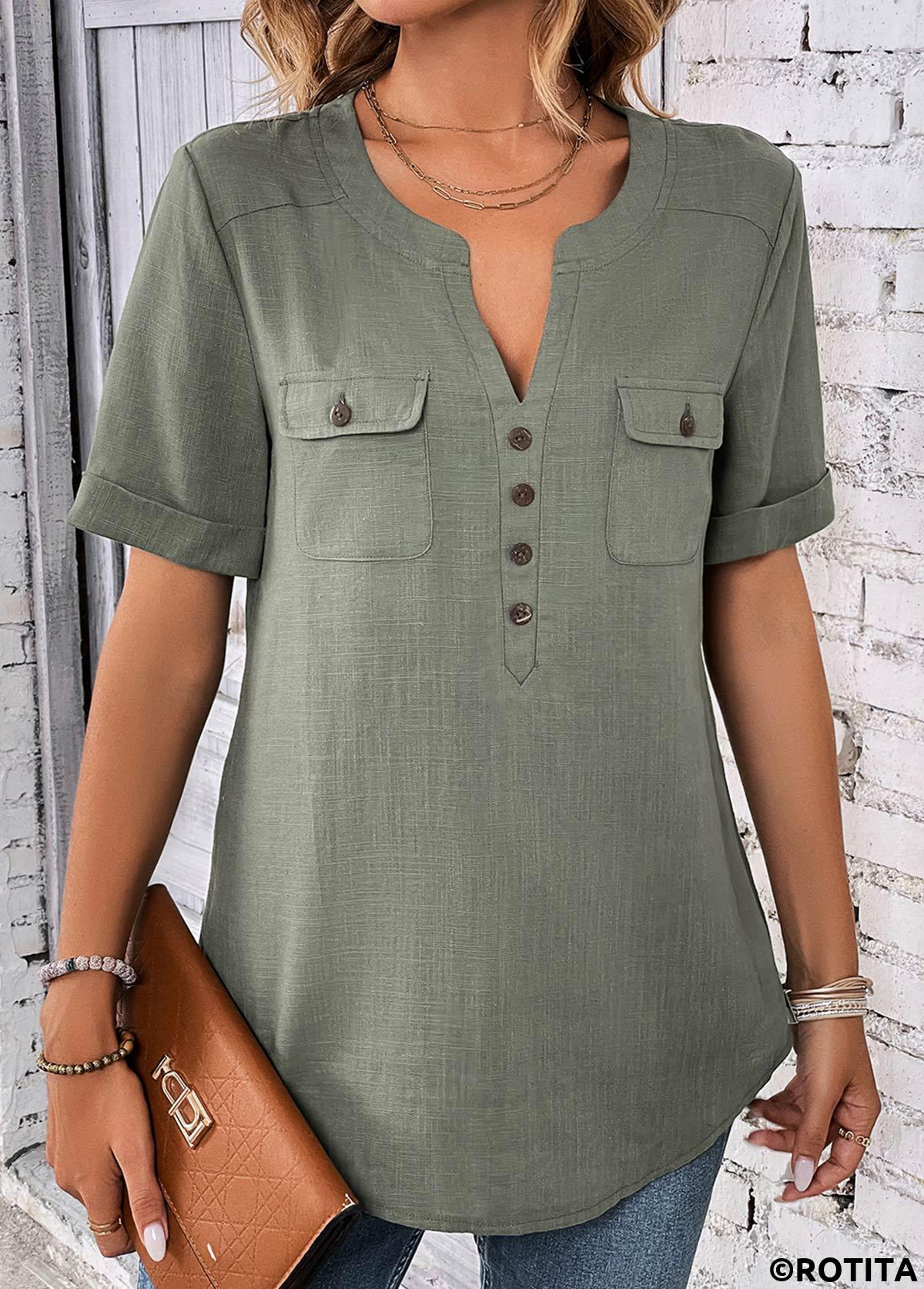 Sage Green tops,Plain Color tops,ROTITA Button Sage Green Split Neck Short Sleeve Blouse