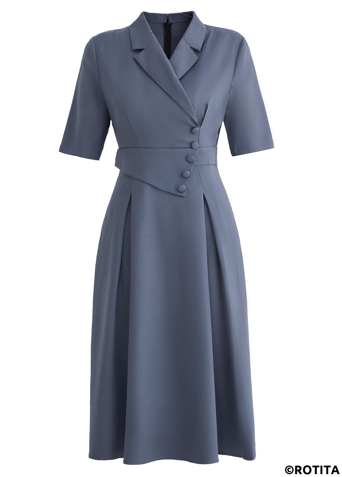Dusty Blue dresses,Plain Color dresses,Party dresses,Elegant dresses,ROTITA Asymmetry Dusty Blue Lapel Half Sleeve Dress