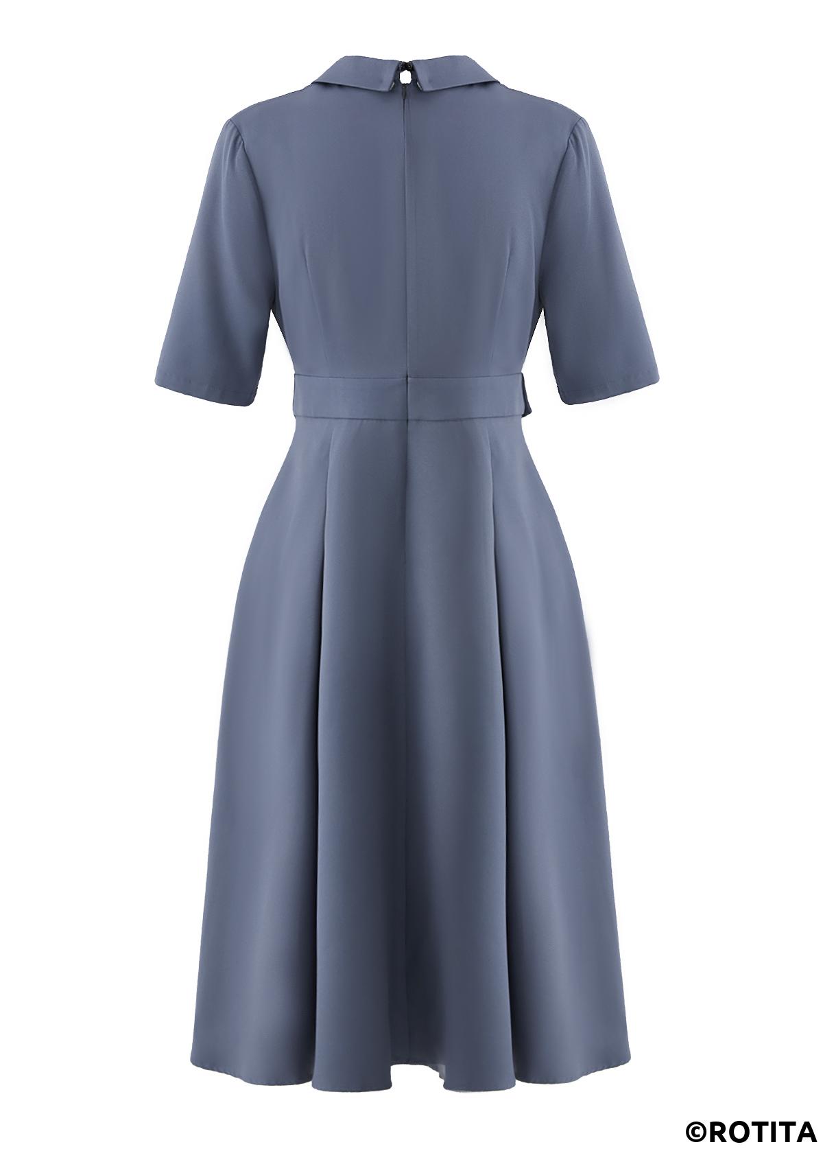 Dusty Blue dresses,Plain Color dresses,Party dresses,Elegant dresses,ROTITA Asymmetry Dusty Blue Lapel Half Sleeve Dress