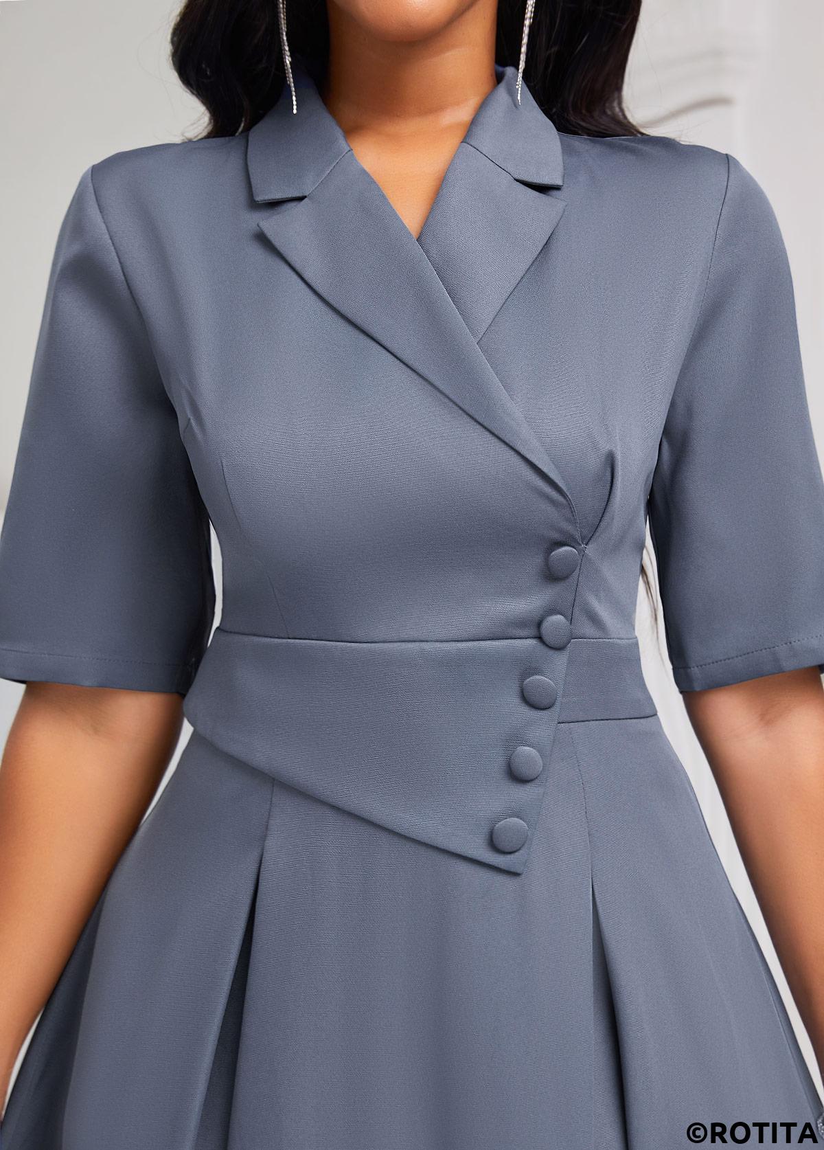 Dusty Blue dresses,Plain Color dresses,Party dresses,Elegant dresses,ROTITA Asymmetry Dusty Blue Lapel Half Sleeve Dress
