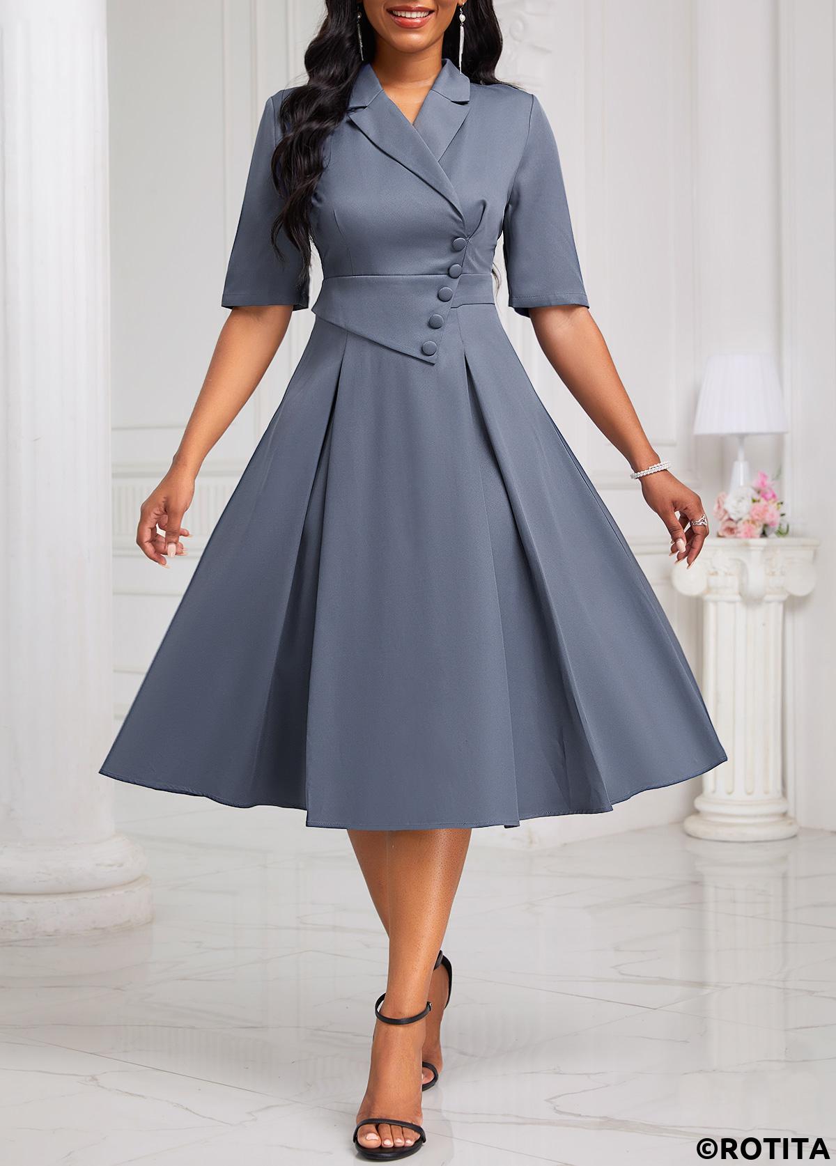 Dusty Blue dresses,Plain Color dresses,Party dresses,Elegant dresses,ROTITA Asymmetry Dusty Blue Lapel Half Sleeve Dress