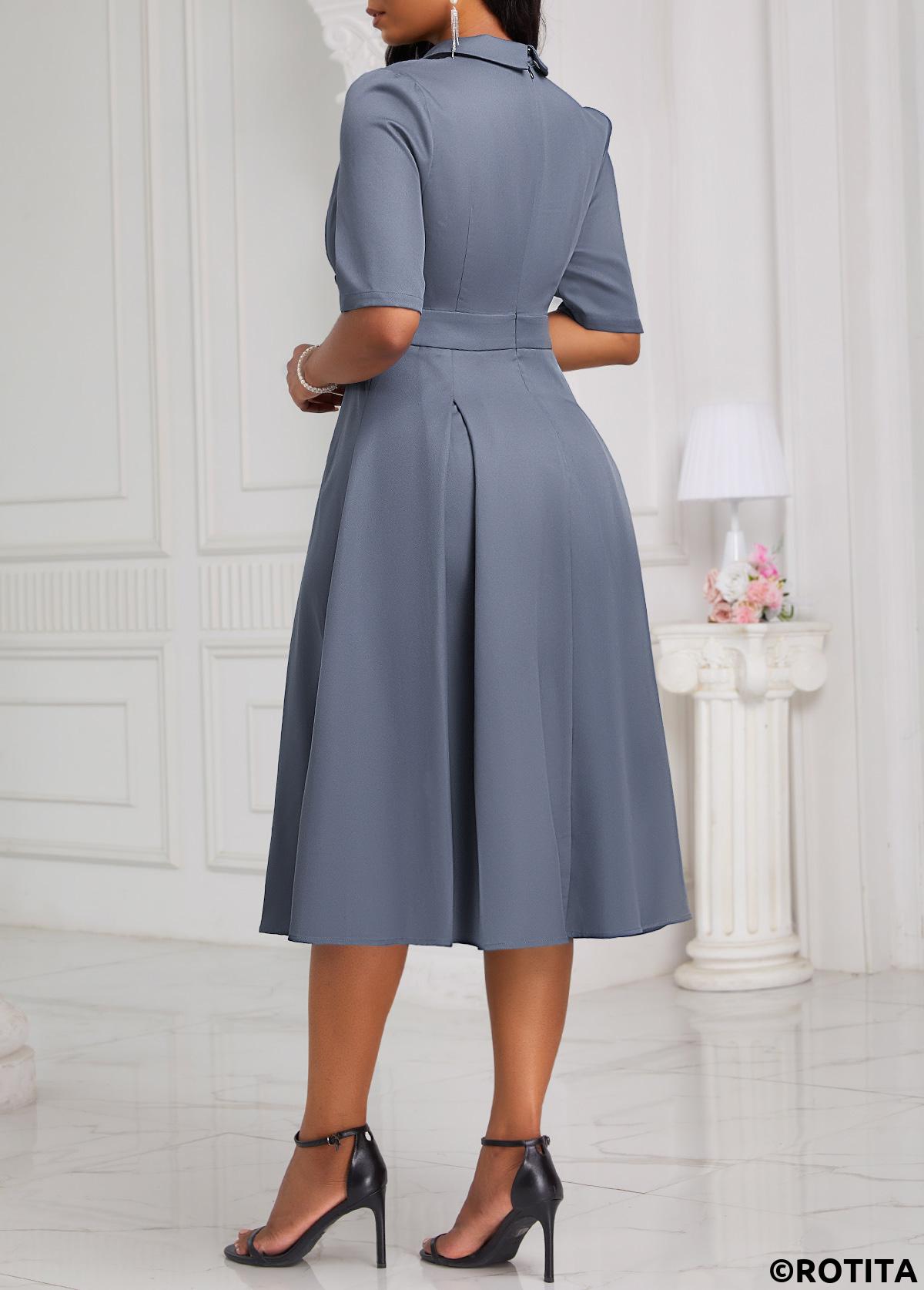 Dusty Blue dresses,Plain Color dresses,Party dresses,Elegant dresses,ROTITA Asymmetry Dusty Blue Lapel Half Sleeve Dress