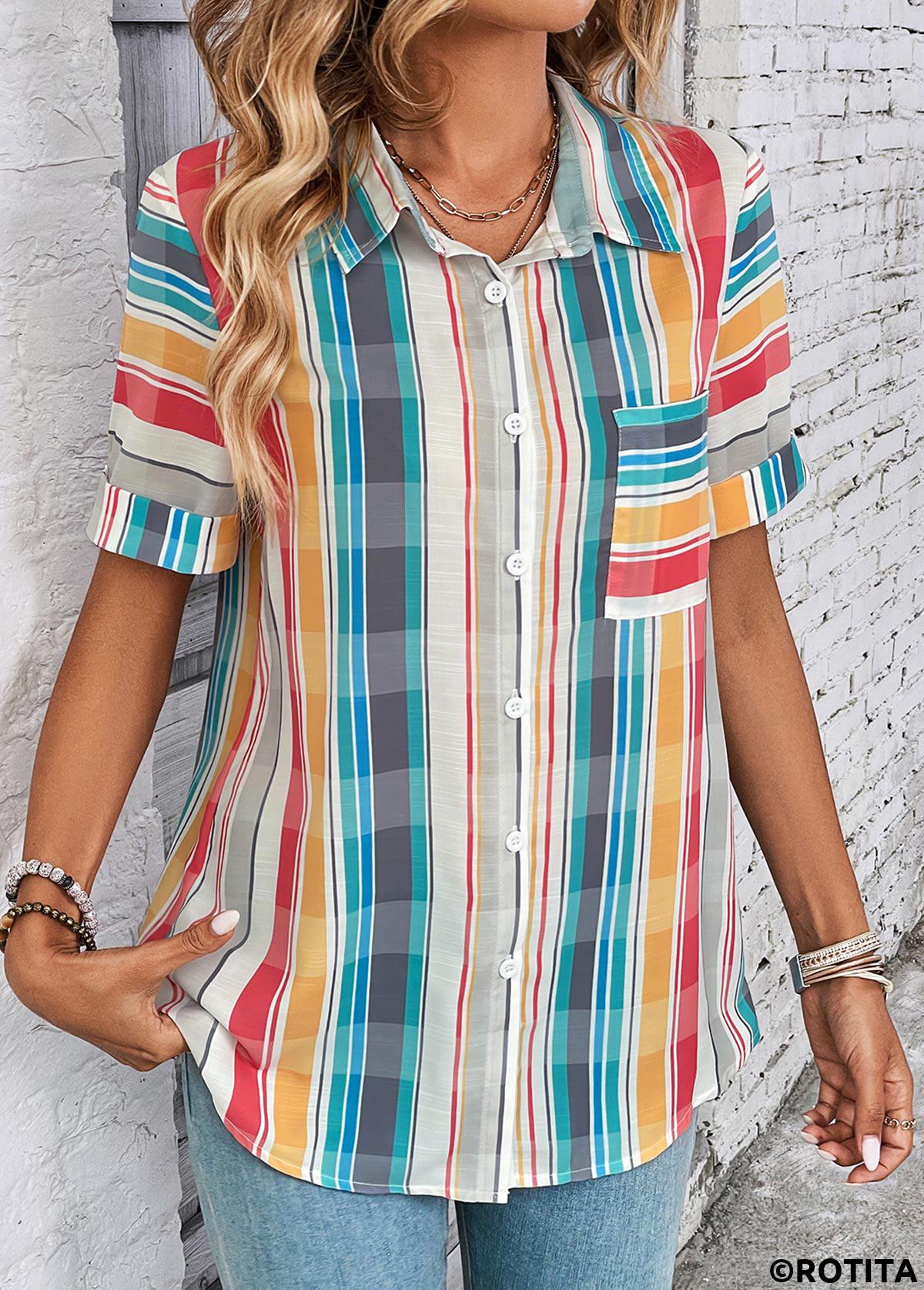 Multi Color tops,Rainbow Color tops,Plaid tops,Geometric tops,Striped tops,ROTITA Button Plaid Multi Color Shirt Collar Blouse